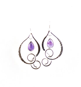 Silver Leaf Earrings with Falling Amethyst Droplet