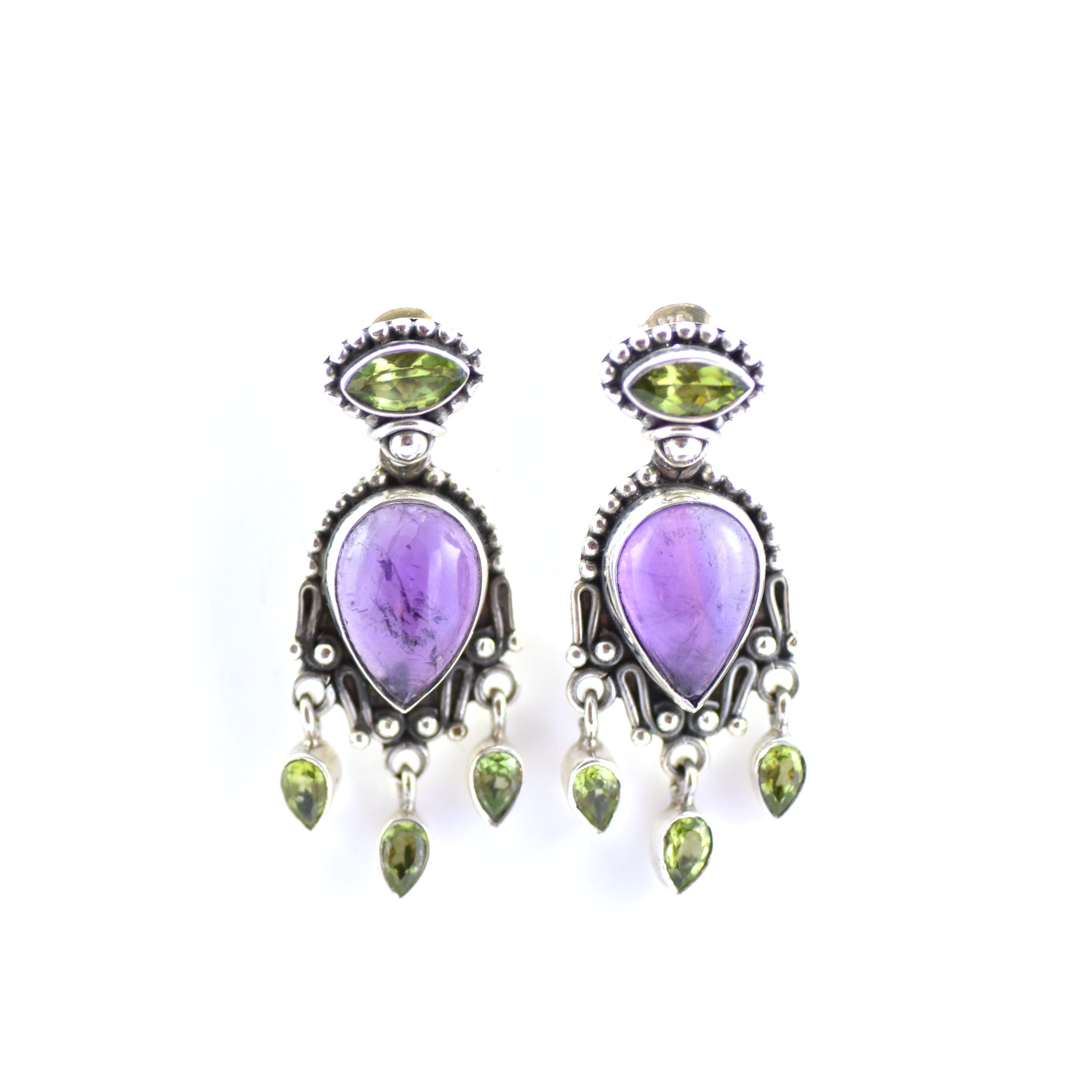 Silver Ornate Amethyst And Peridot Stud Earrings