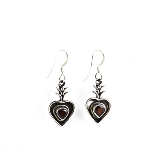 Embedded Garnet Silver Heart Earrings