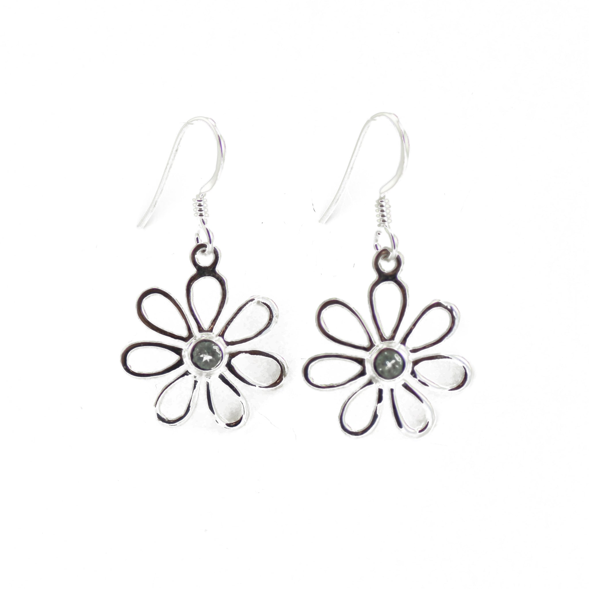 Silver Daisy Earrings With Blue Topaz Pistil