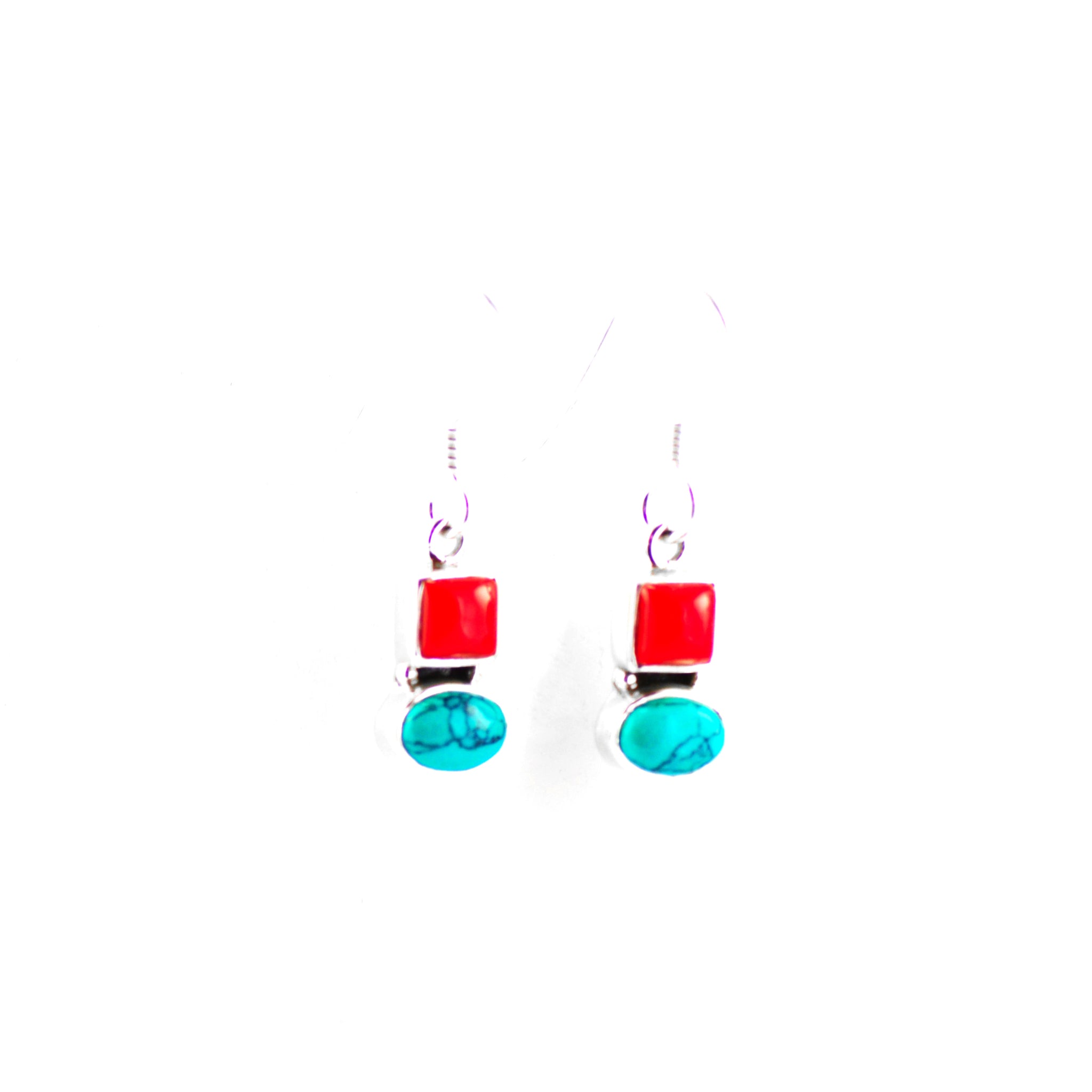 Silver and Turquoise Earrings with Coral Support