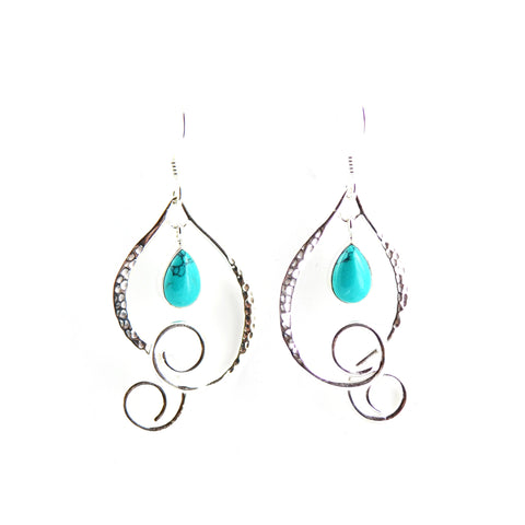 Silver Leaf Earrings with Falling Turquoise Droplet