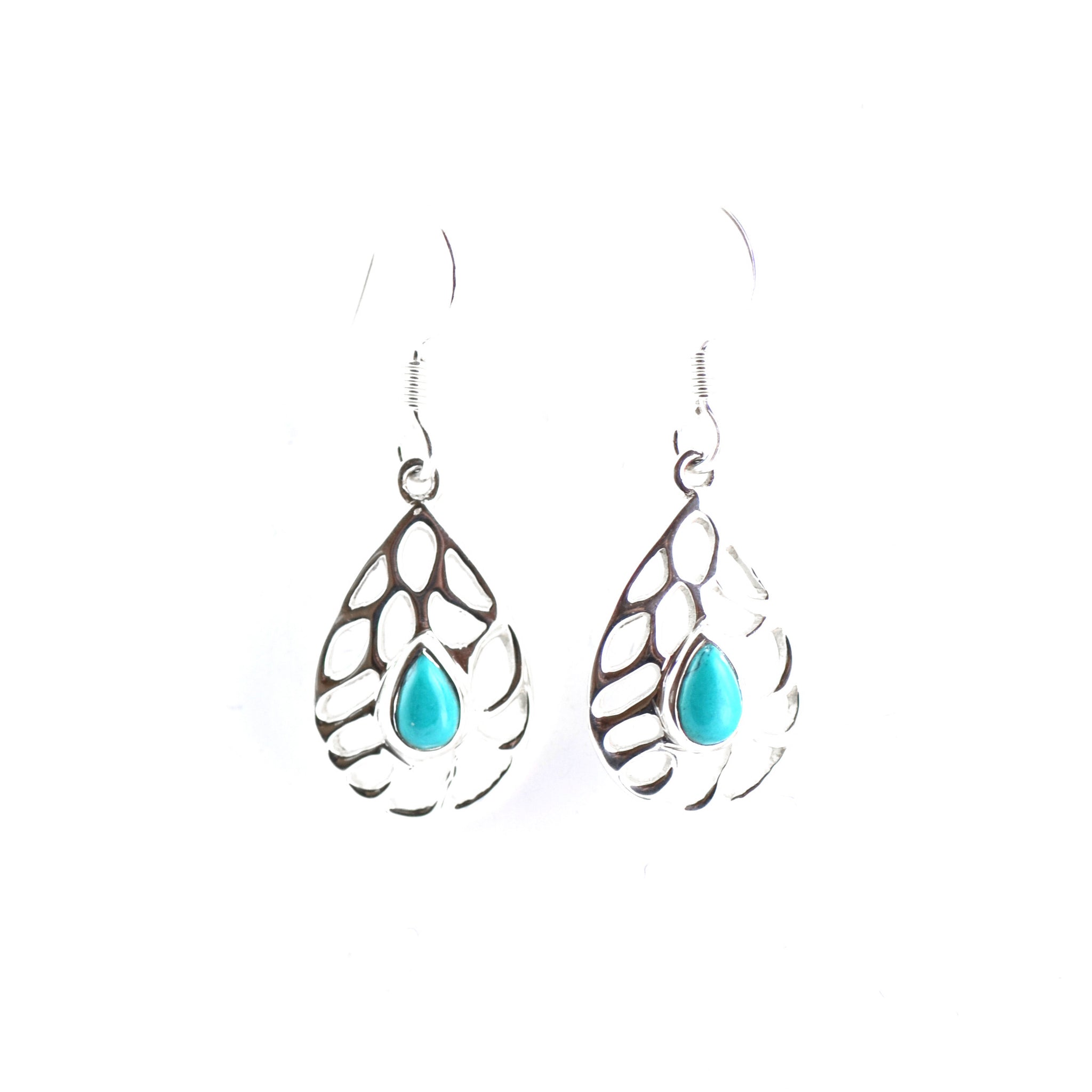 Silver Web Leaf Earrings with Fallen Turquoise Drop