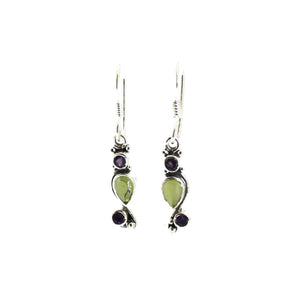 Peridot Hook-drop Silver Earrings With Amethyst Pillars