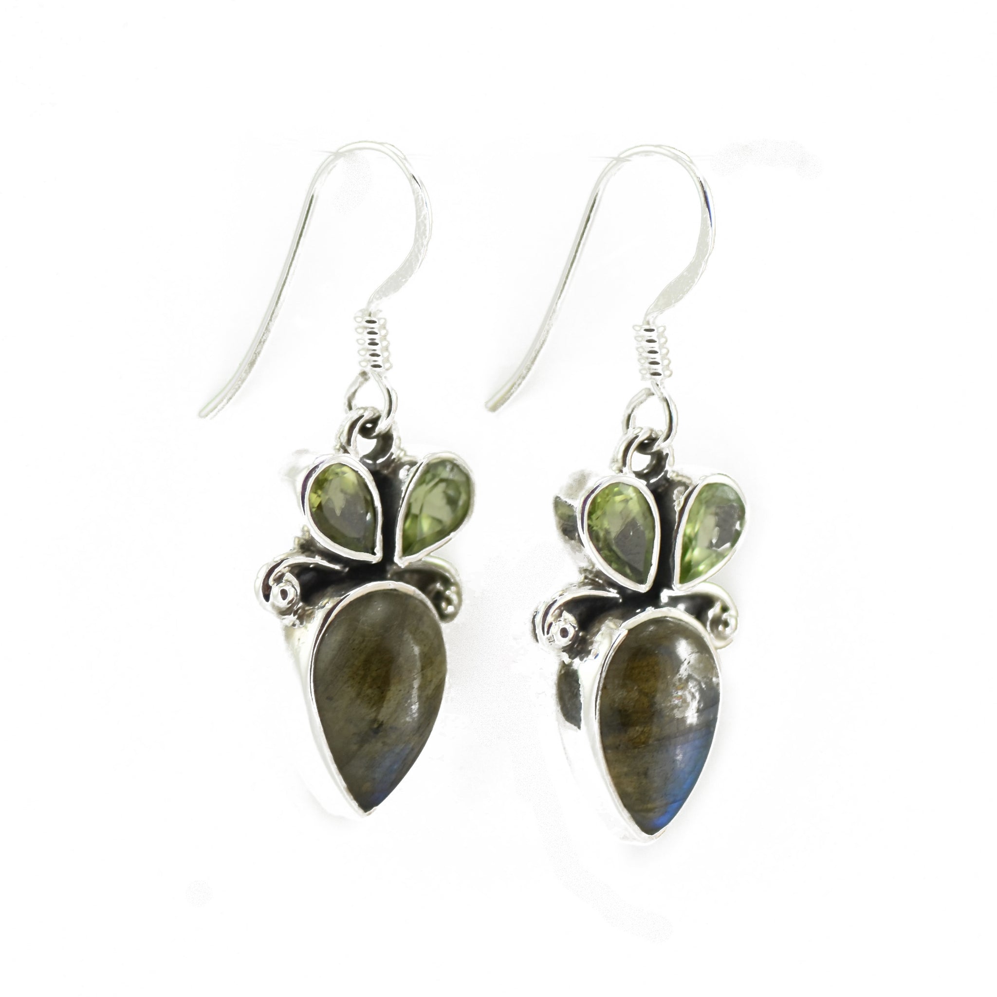 Twin Headed Peridot With Labradorite Teardrop Silver Earrings