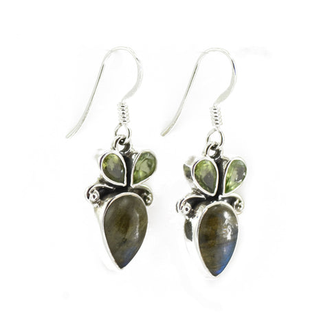 Twin Headed Peridot With Labradorite Teardrop Silver Earrings