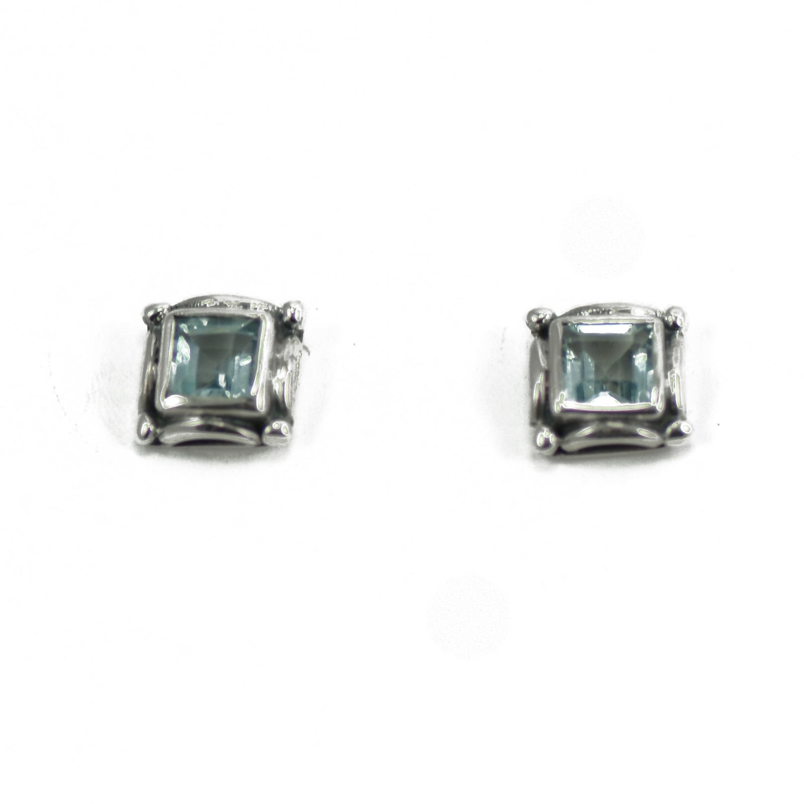 Blue Topaz Square Silver Stud Earrings